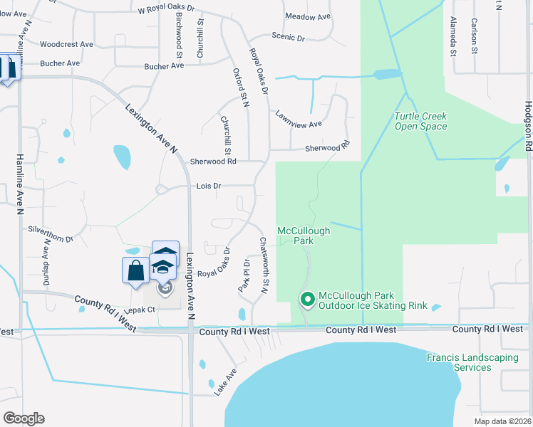 map of restaurants, bars, coffee shops, grocery stores, and more near 5658 Chatsworth Street North in Shoreview