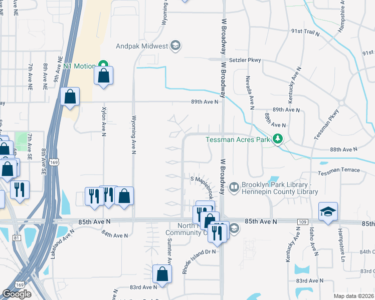 map of restaurants, bars, coffee shops, grocery stores, and more near 8709 North Maplebrook Circle in Minneapolis