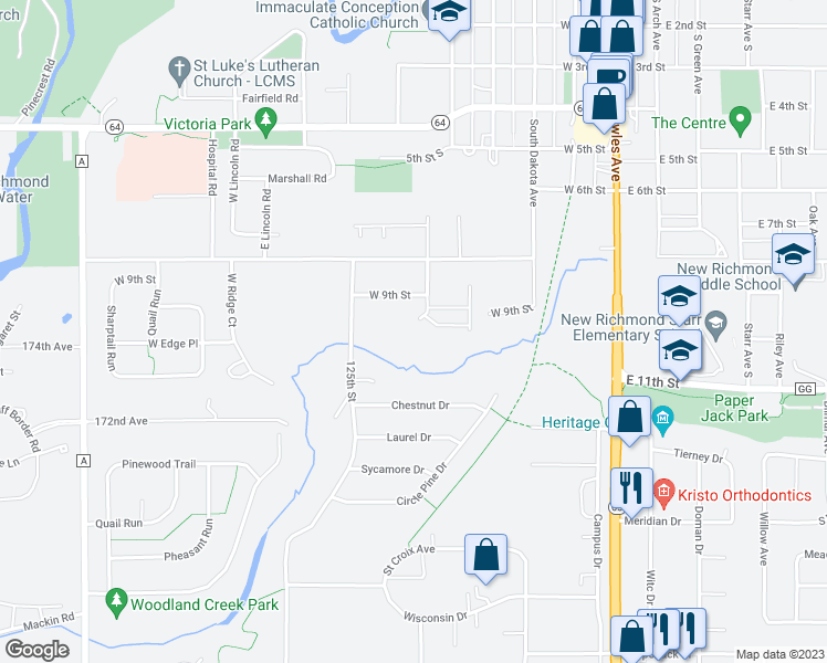 map of restaurants, bars, coffee shops, grocery stores, and more near 945 Monette Avenue in New Richmond