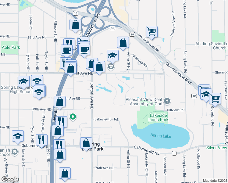 map of restaurants, bars, coffee shops, grocery stores, and more near 8018 Hayes Street Northeast in Minneapolis