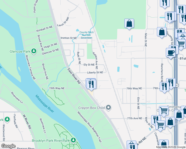 map of restaurants, bars, coffee shops, grocery stores, and more near 201 Longfellow Street Northeast in Fridley