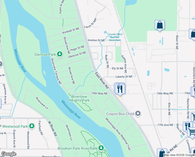 map of restaurants, bars, coffee shops, grocery stores, and more near 409 Longfellow Street Northeast in Fridley