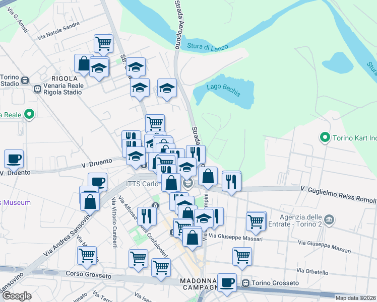 map of restaurants, bars, coffee shops, grocery stores, and more near 32 Via Quincinetto in Turin