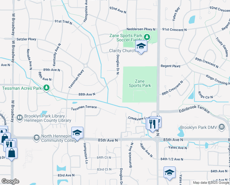 map of restaurants, bars, coffee shops, grocery stores, and more near 8723 Douglas Drive North in Minneapolis