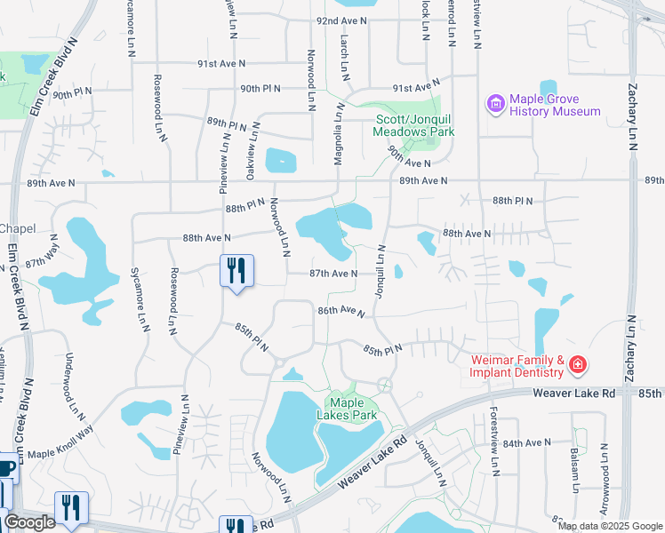 map of restaurants, bars, coffee shops, grocery stores, and more near 8726 Magnolia Court North in Maple Grove