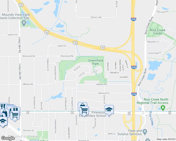 map of restaurants, bars, coffee shops, grocery stores, and more near 2249 Lois Drive in Mounds View