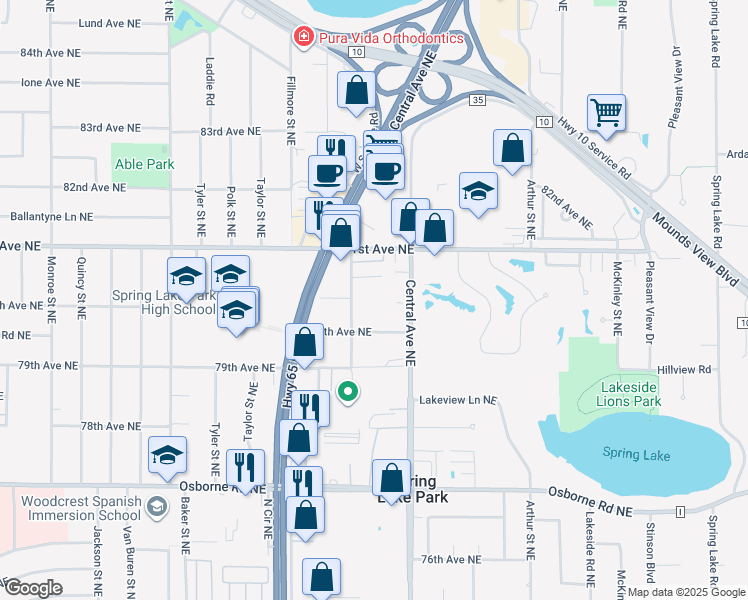 map of restaurants, bars, coffee shops, grocery stores, and more near 8055 Buchanan Street Northeast in Minneapolis