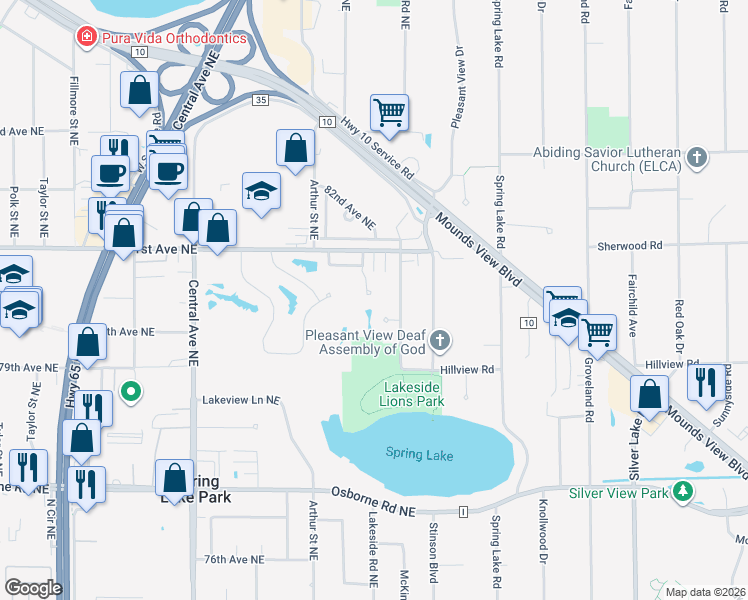 map of restaurants, bars, coffee shops, grocery stores, and more near 8050 Benjamin Street Northeast in Spring Lake Park