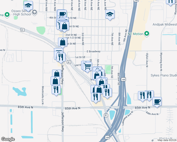 map of restaurants, bars, coffee shops, grocery stores, and more near 217 4th Avenue Southeast in Osseo