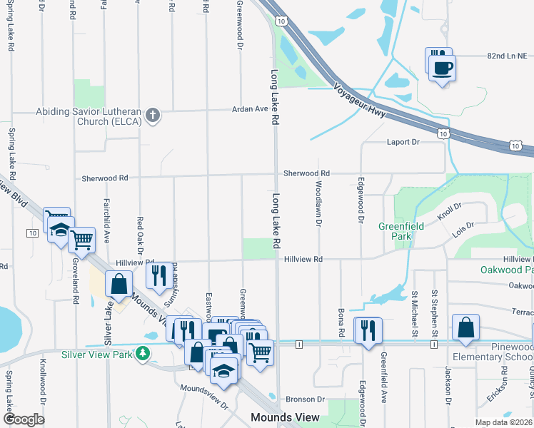 map of restaurants, bars, coffee shops, grocery stores, and more near 8030 Long Lake Road in Mounds View