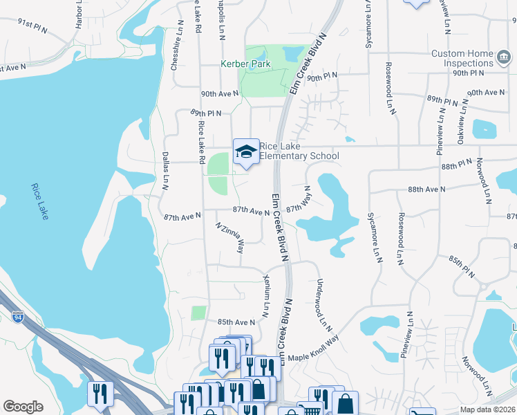 map of restaurants, bars, coffee shops, grocery stores, and more near 13600 87th Avenue North in Maple Grove