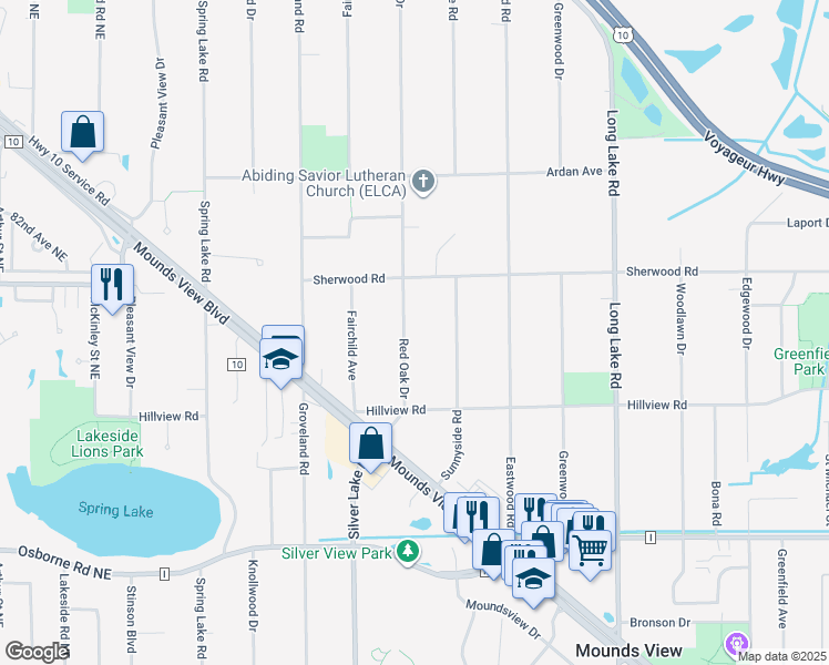 map of restaurants, bars, coffee shops, grocery stores, and more near 8025 Red Oak Drive in Mounds View