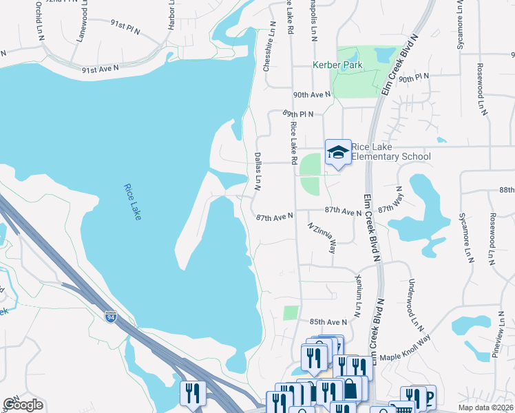 map of restaurants, bars, coffee shops, grocery stores, and more near 8770 Dallas Lane North in Osseo