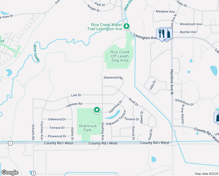 map of restaurants, bars, coffee shops, grocery stores, and more near 1535 Knoll Drive in Shoreview
