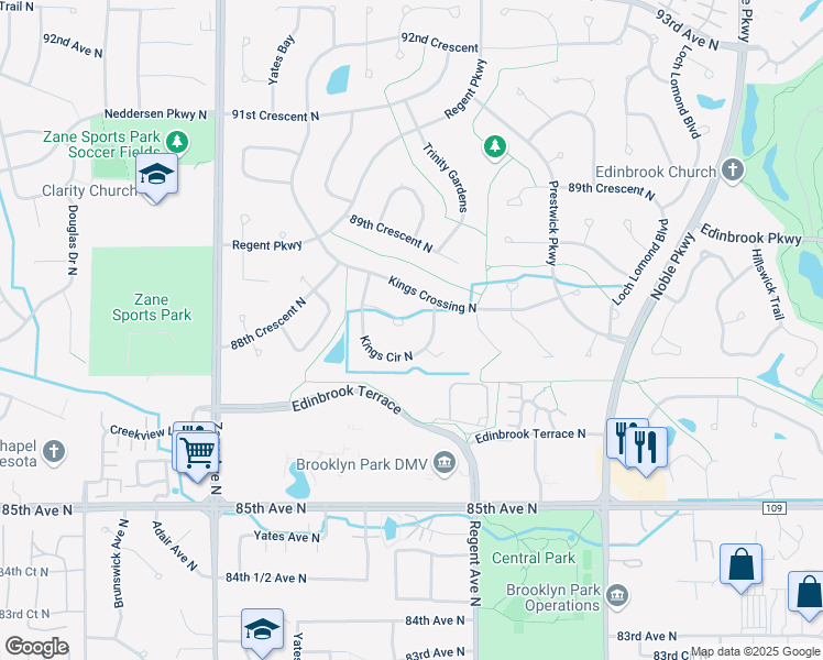 map of restaurants, bars, coffee shops, grocery stores, and more near 5440 Kings Circle in Minneapolis