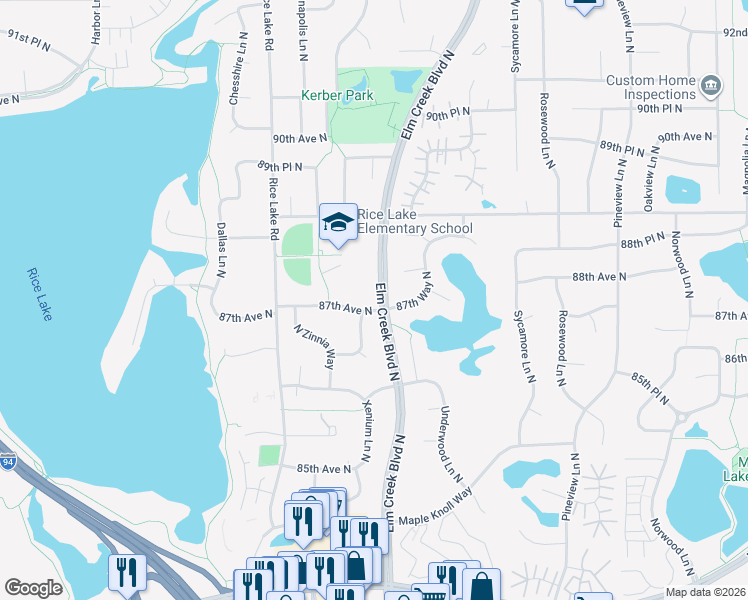 map of restaurants, bars, coffee shops, grocery stores, and more near 13600 87th Avenue North in Maple Grove