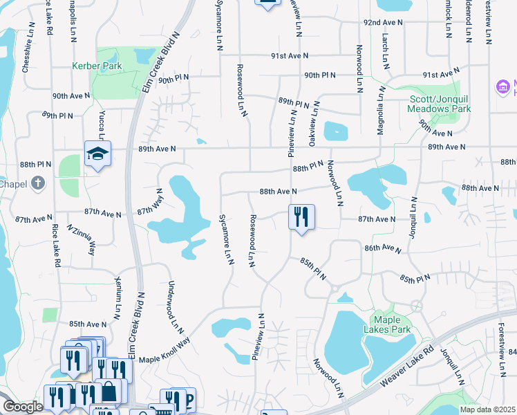 map of restaurants, bars, coffee shops, grocery stores, and more near 8744 Rosewood Lane North in Maple Grove