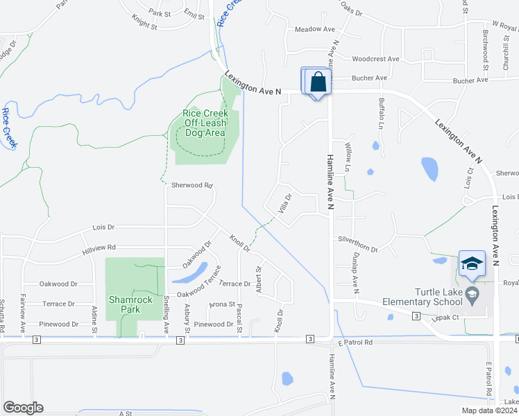 map of restaurants, bars, coffee shops, grocery stores, and more near 1444 Willow Creek Lane in Shoreview