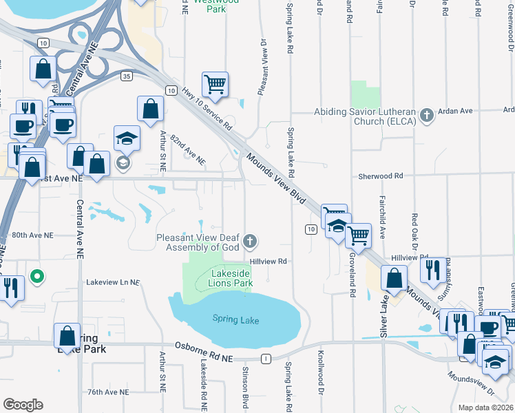 map of restaurants, bars, coffee shops, grocery stores, and more near 8041 Pleasant View Drive Northeast in Fridley