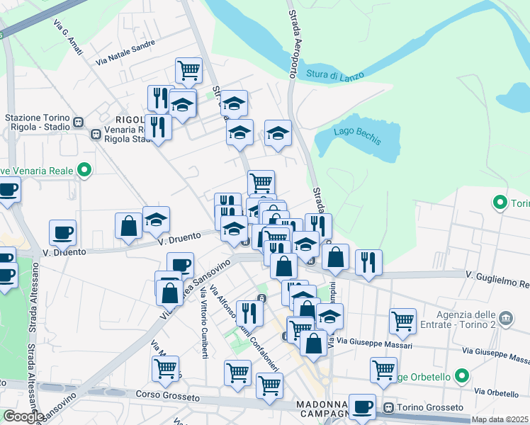 map of restaurants, bars, coffee shops, grocery stores, and more near 92 Via Lanzo in Torino
