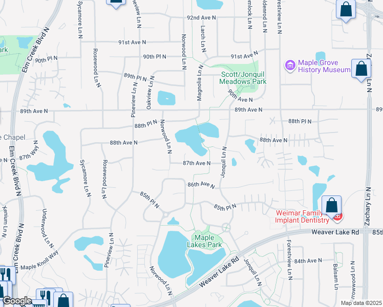 map of restaurants, bars, coffee shops, grocery stores, and more near 8726 Magnolia Court in Maple Grove
