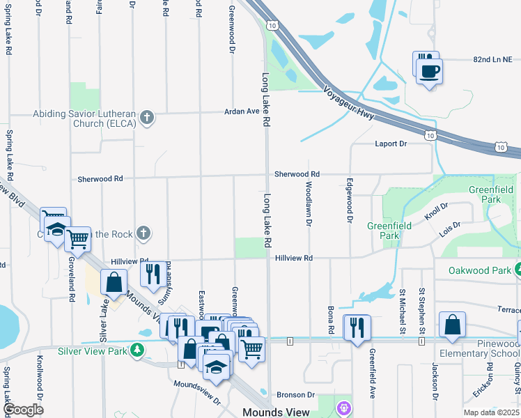 map of restaurants, bars, coffee shops, grocery stores, and more near 8030 Long Lake Road in Mounds View