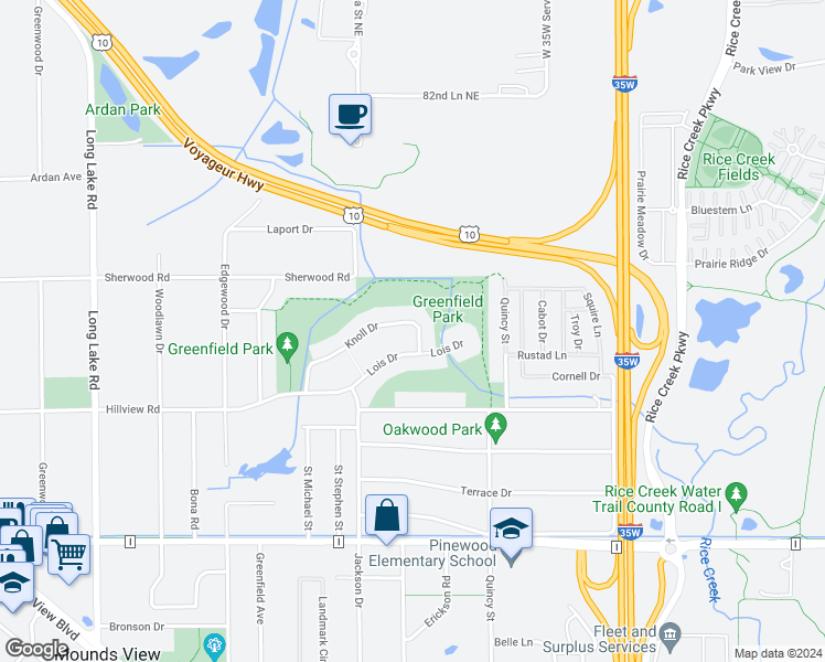 map of restaurants, bars, coffee shops, grocery stores, and more near 2250 Knoll Drive in Mounds View