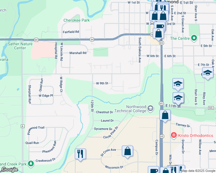 map of restaurants, bars, coffee shops, grocery stores, and more near 580 West 9th Street in New Richmond