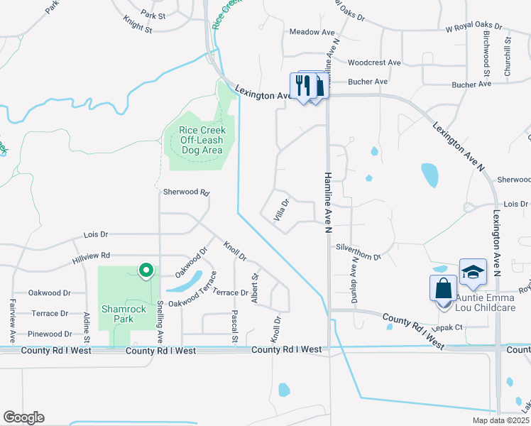 map of restaurants, bars, coffee shops, grocery stores, and more near 5716 Ridge Creek Road in Shoreview