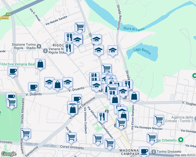 map of restaurants, bars, coffee shops, grocery stores, and more near 12 Via Giacomo Durando in Torino