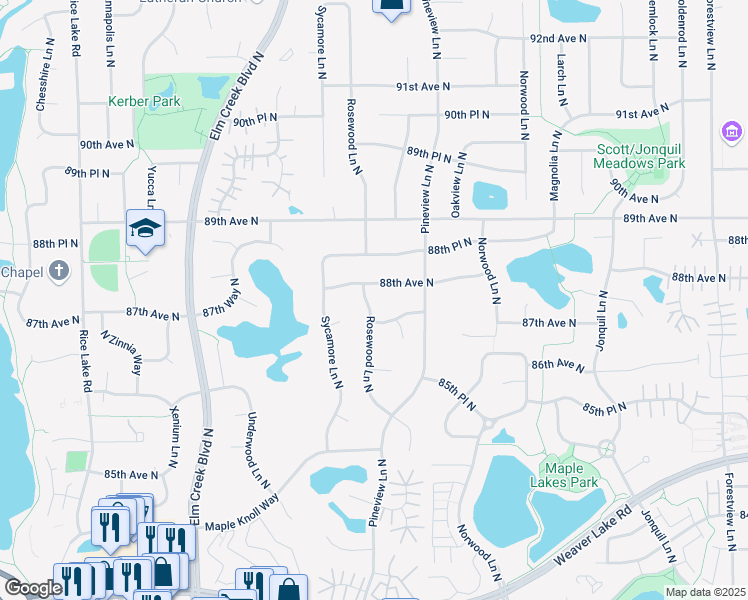 map of restaurants, bars, coffee shops, grocery stores, and more near 8744 Rosewood Lane North in Maple Grove