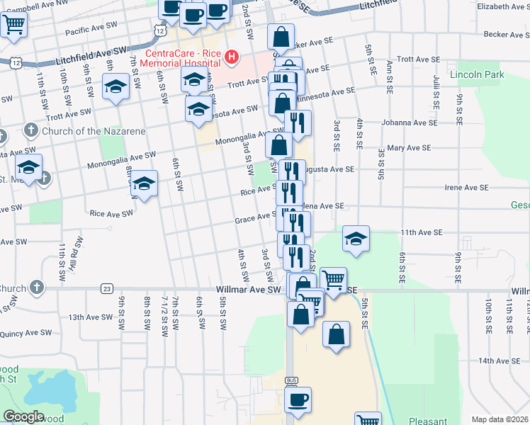 map of restaurants, bars, coffee shops, grocery stores, and more near 919 3rd Street Southwest in Willmar