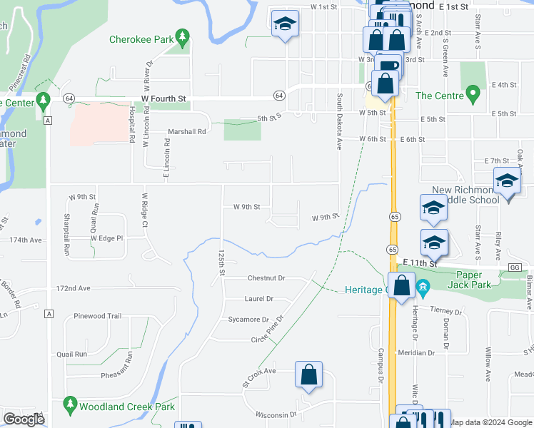 map of restaurants, bars, coffee shops, grocery stores, and more near 564 West 9th Street in New Richmond