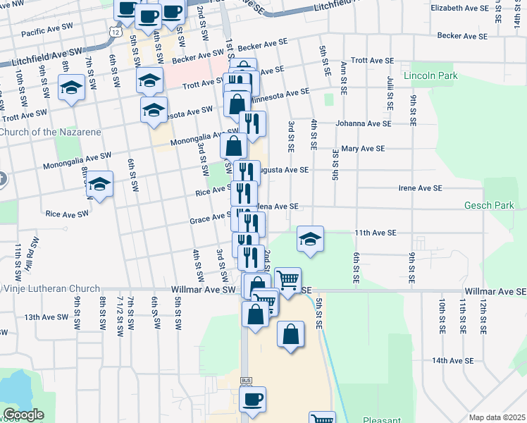 map of restaurants, bars, coffee shops, grocery stores, and more near 1004 2nd Street Southeast in Willmar