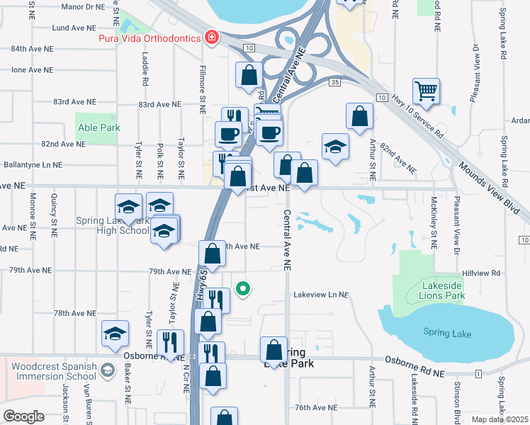 map of restaurants, bars, coffee shops, grocery stores, and more near 8055 Buchanan Street Northeast in Minneapolis