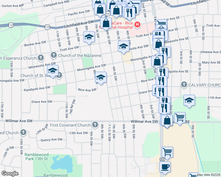 map of restaurants, bars, coffee shops, grocery stores, and more near 621 Rice Avenue Southwest in Willmar