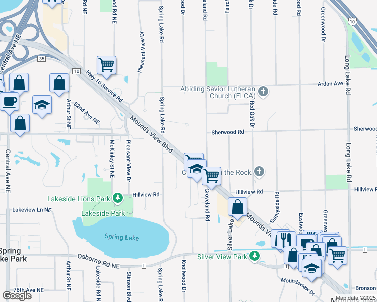 map of restaurants, bars, coffee shops, grocery stores, and more near 2901 Mounds View Boulevard in Mounds View