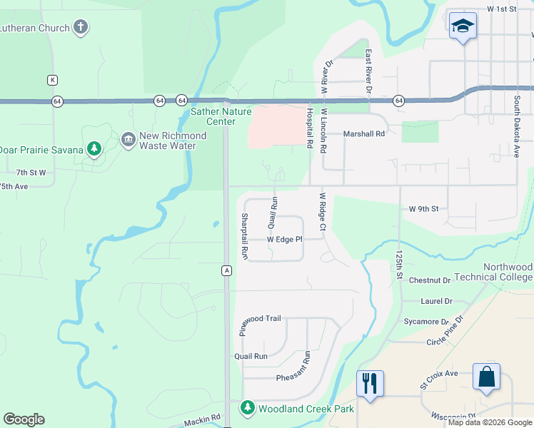 map of restaurants, bars, coffee shops, grocery stores, and more near 929 Quail Run in New Richmond