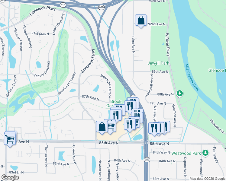 map of restaurants, bars, coffee shops, grocery stores, and more near 8760 Montegue Terrace in Minneapolis