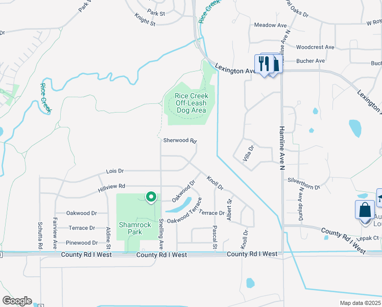 map of restaurants, bars, coffee shops, grocery stores, and more near 1507 Sherwood Road in Shoreview