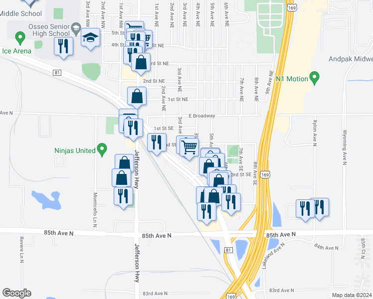 map of restaurants, bars, coffee shops, grocery stores, and more near 332 2nd Street Southeast in Osseo