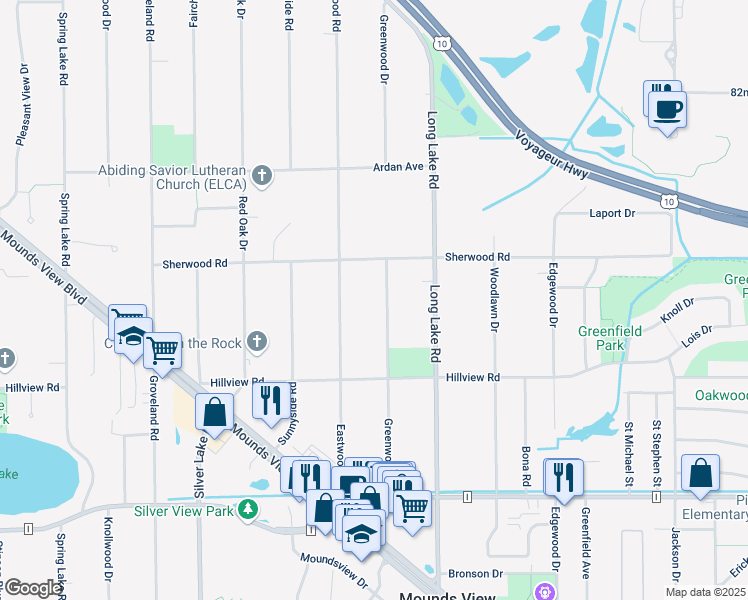 map of restaurants, bars, coffee shops, grocery stores, and more near 8032 Greenwood Drive in Mounds View