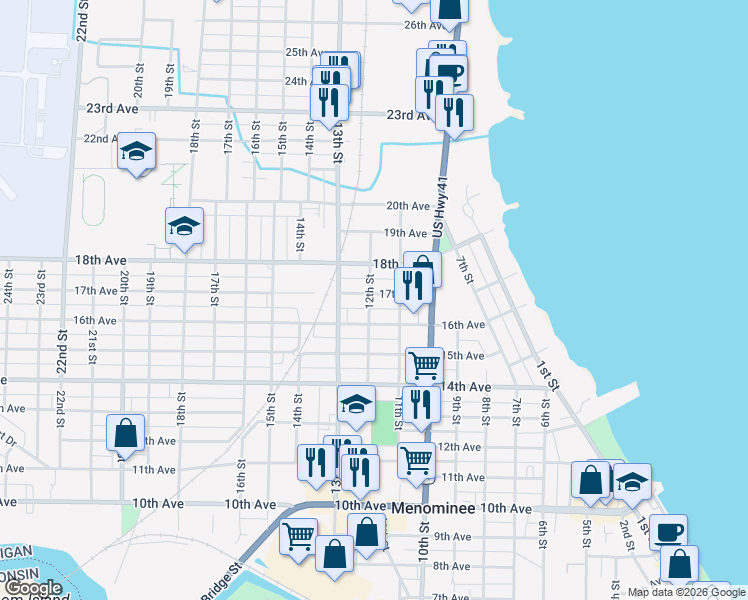 map of restaurants, bars, coffee shops, grocery stores, and more near 1119 17th Avenue in Menominee
