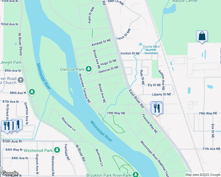 map of restaurants, bars, coffee shops, grocery stores, and more near 521 Dover Street Northeast in Fridley