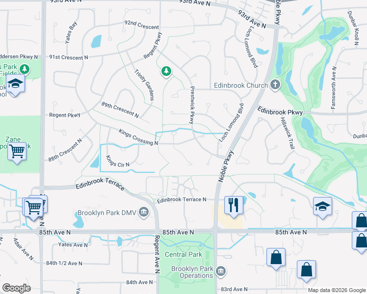 map of restaurants, bars, coffee shops, grocery stores, and more near 4909 Kings Crossing in Minneapolis