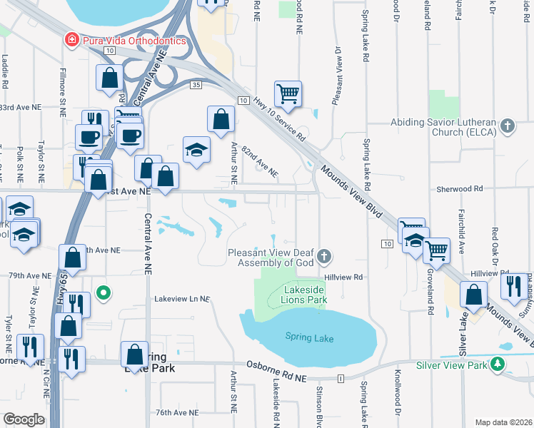 map of restaurants, bars, coffee shops, grocery stores, and more near 8050 Benjamin Street Northeast in Spring Lake Park