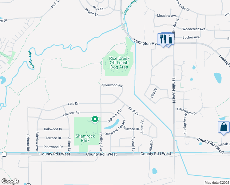 map of restaurants, bars, coffee shops, grocery stores, and more near 1535 Knoll Drive in Shoreview