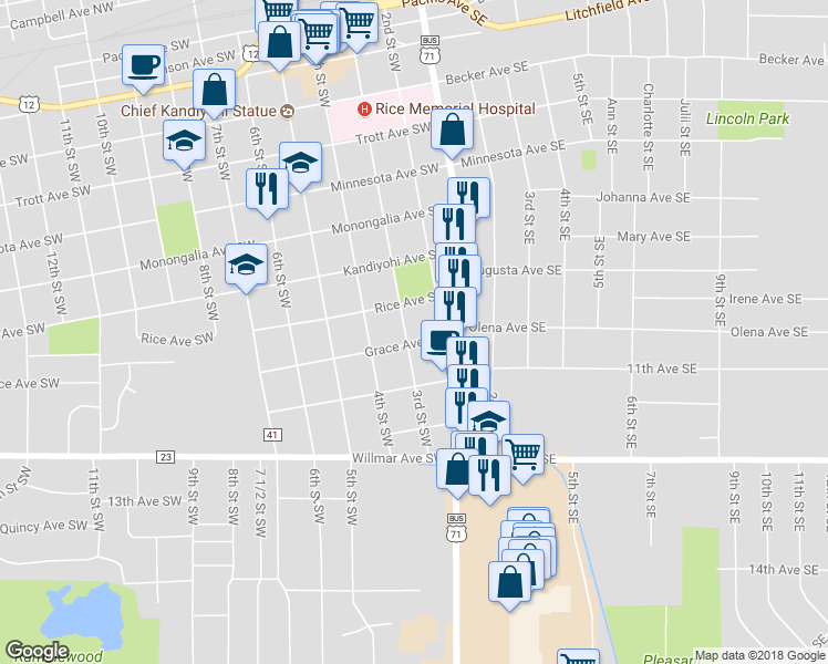 map of restaurants, bars, coffee shops, grocery stores, and more near 919 3rd Street Southwest in Willmar