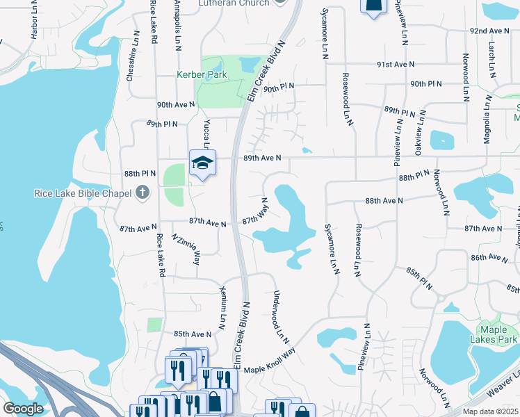 map of restaurants, bars, coffee shops, grocery stores, and more near 13378 87th Place North in Maple Grove