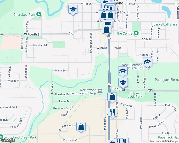 map of restaurants, bars, coffee shops, grocery stores, and more near 325 West 9th Street in New Richmond